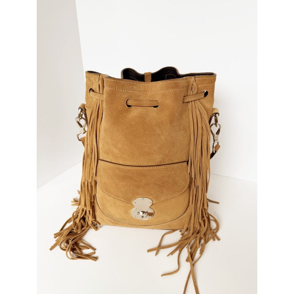 Ralph Lauren Ricky Fringe Bucket Bag Suede Camel Leather Drawstring Crossbody - Picture 7 of 16